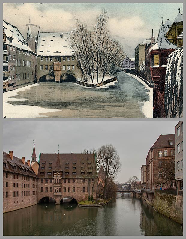 Blick von der Museumsbrücke auf das Heilig-Geist-Spital, aufgenommen 1904 und 2018.